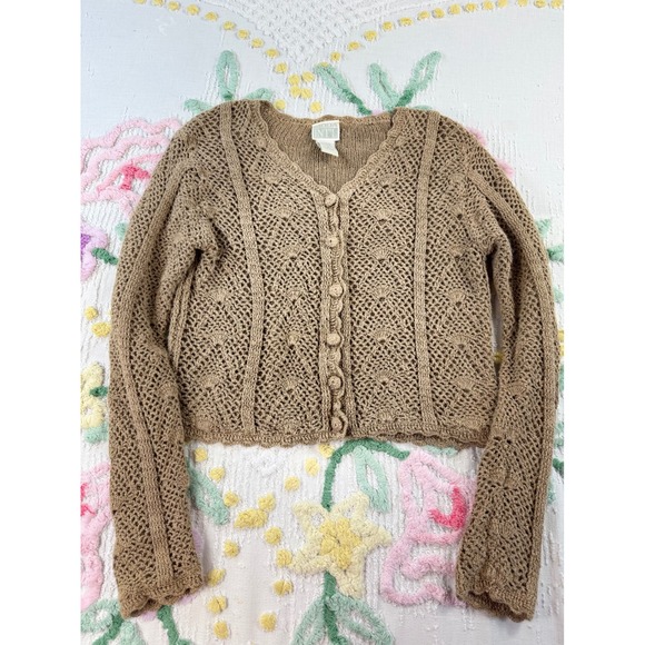 MODA INTL Sweaters - MODA INTL Tan Crochet Knit Button Up‎ Cardigan Sweater Top Women's Medium